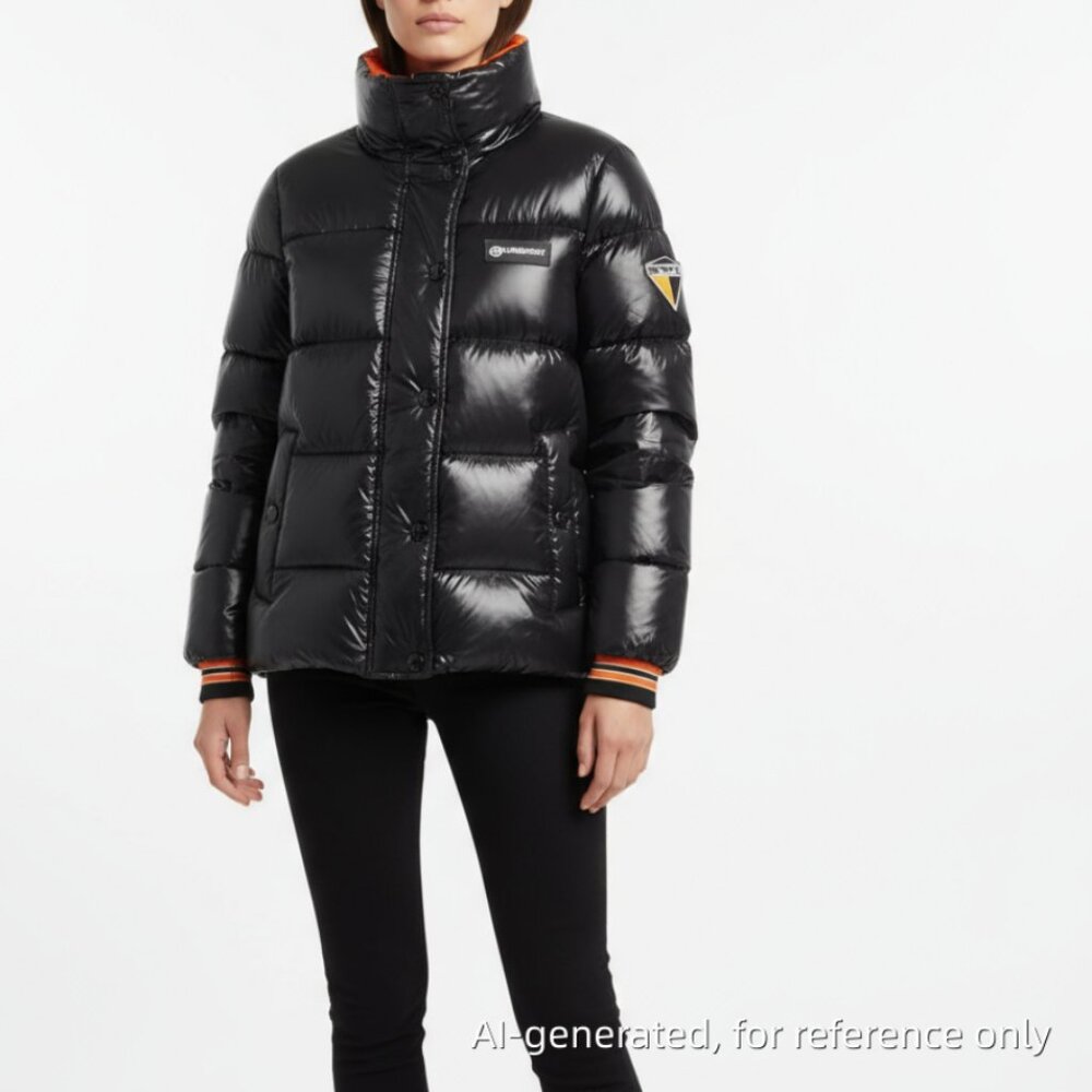 Burberry Black Shiny Puffer Jacket with Orange Trim